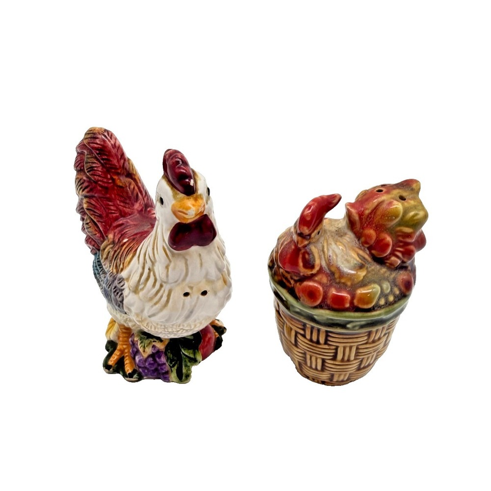 Vintage Otagiri Ceramic Rooster & Hen in Harvest Basket Salt & Pepper Shakers